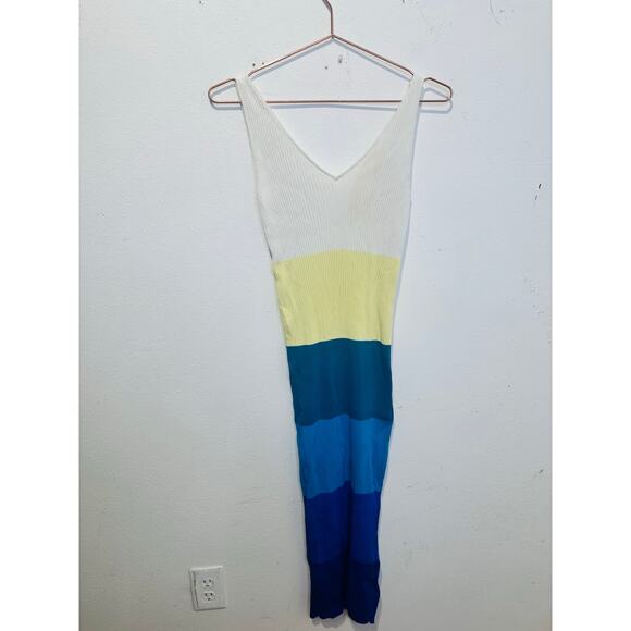 STAUD Blue White Colorblock Stripe Sleeveless V-Neck Dana Midi Dress Size Small - Picture 5 of 15